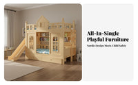 Castle Bunk Bed with Slide Multi-Functional Tiered Sleeping Arrangement Bed Slide Storage Space Saving for Children, Parents, Playroom, Bedroom, Home