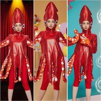 Squid Costume Metallicappearone-Piece Costume with Hood Novelty Bodysuit for Stage Performances
