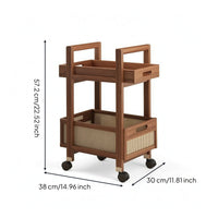 Rolling Cart with Rattan Basket Wood-Toned End Table with Wheels Sturdy
