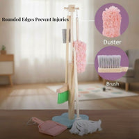6 Pieces Storage Stand Pretend Cleaning Set Bristled Heads Wooden Cleaning Toy Set Role-Play Early Learning