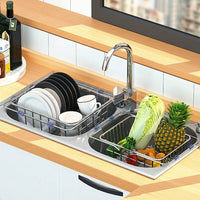 Dish Rack and Sink Organizer, Expandable 304 Stainless Steel Kitchen Sink Rack with Cutlery Holder, Space Saving Modern Kitchen Storage Solution