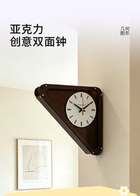ins风三角棕色双面钟墙面免打孔艺术亚克力磨砂静音挂钟转角客厅