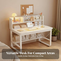 Computer Desk with Hutch Space Saving Design Student Desk with Storage Shelves Multi-functional Workstation Steel Frame Storage for Teens Suitable for Home Study Room Dorm