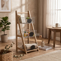 Ladder Storage Rack with Wire Baskets 3 Tiers Basket Stand Floor-Standing Freestanding Ladder Shelf for Entryway, Living Room, Balcony