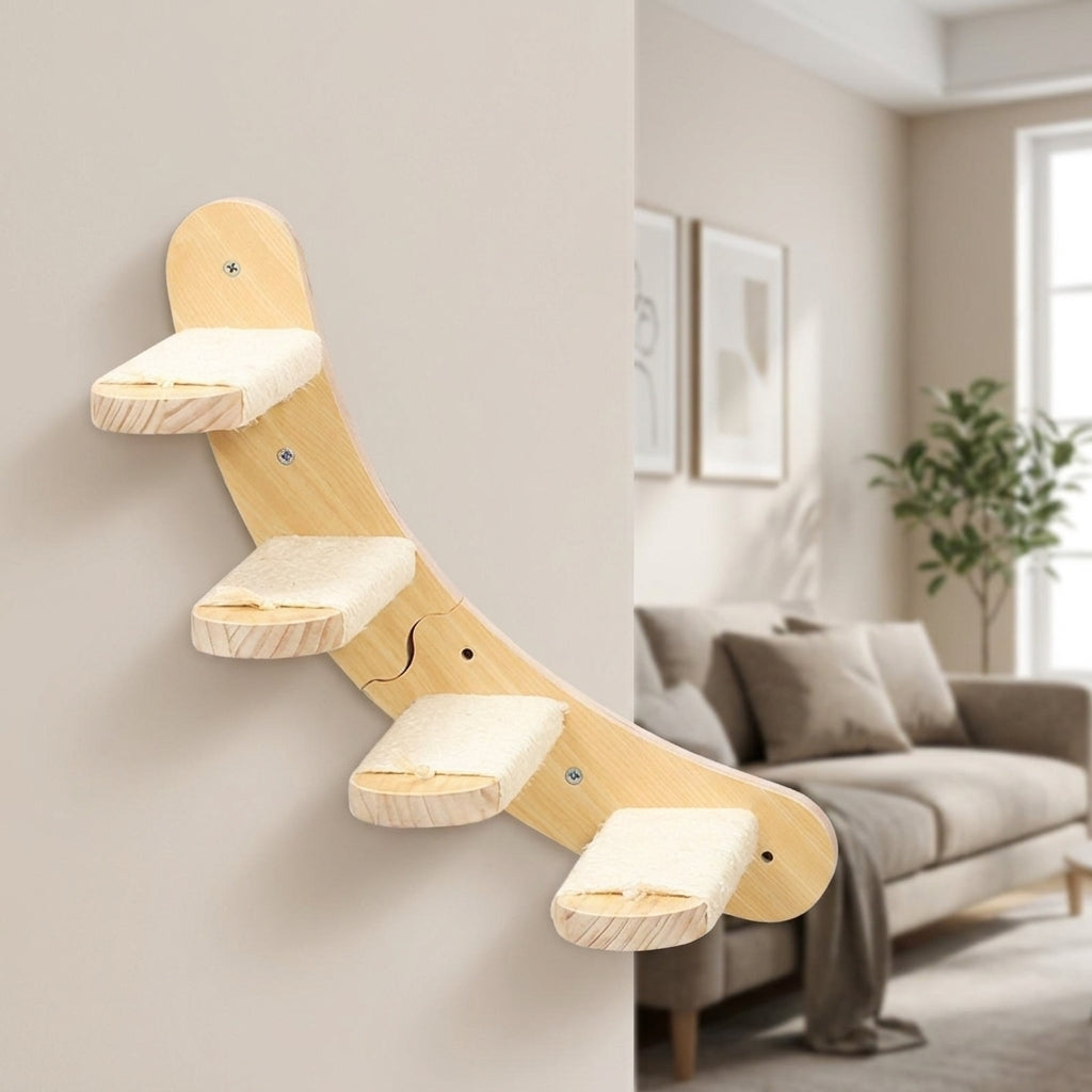 Cat Climbing Wall with Wooden Shelf and Perch, Modern Frame Including House and Pad, Indoor Furniture for Large Cats and Kittens