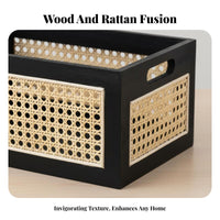 Wooden Rattan Basket Solid Wood Frame Rattan Storage Crate Multi-Purpose