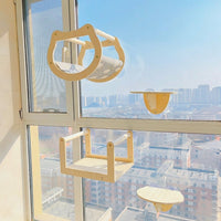 Wall Mounted Cat Bed and Window Perch, Solid Wood Hammock Bed with Steps, Versatile Cat Hammock for Indoor Cats Playing and Climbing