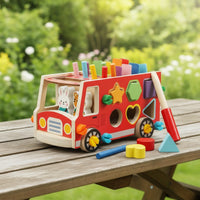 Multifunctional Wooden Bus Toy Educational Hammer and Peg Toy Sturdy Developmental for Preschoolers