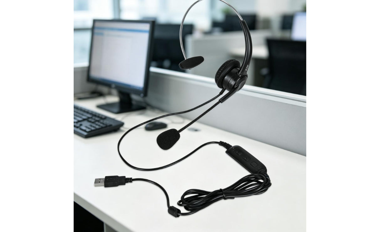 Flexible Monaural Headset with Inline Control Wired Single-Ear USB Headset Adjustable for Office Workers