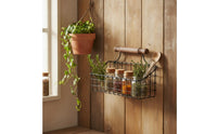 Wire Basket with Wooden Handle Black Metal Storage Bin Rustic Bin for Balcony