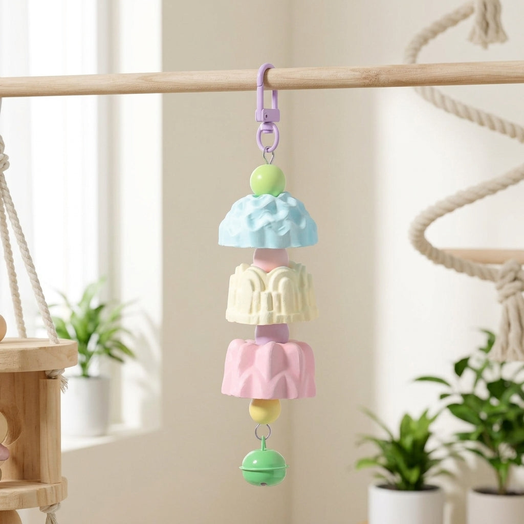 Parrot Toy Grinding Stone with Bell, Mineral Cup Stack Cockatiel Toy for Beak Grinding, Lovebird Cage Accessory with Metal Hanging Chain