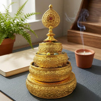 Gilded Tiered Mandala Plate Copper-Alloy Mandala Offering Plate Multi-Tier Ritual Object Ornate for Buddhist Practitioners, Display