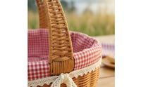 Arched Handle Picnic Basket Handwoven Lined Hand Basket Gingham Lining Container Lace Trim for Shopping