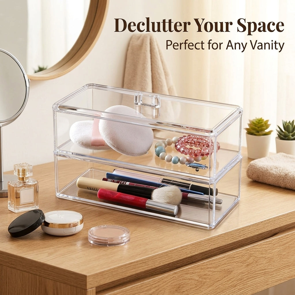 Cosmetic Storage Box Organizer, Clear Acrylic Double Layer with Lid, Bedroom Vanity Table, Makeup Brush with