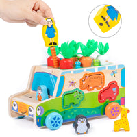 Wooden Animal Pairing and Pulling Radish Toy Car for Toddlers