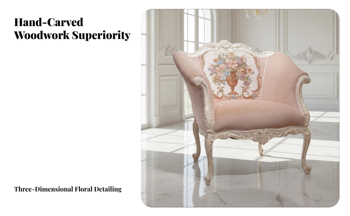 French regal design Carved Frame Tufted Sofa rosy Fabric Living Room Furniture Elegant Design Upholstered Couch Soft Upholstery for Interior Designers, Luxury Shoppers, Apartment Dwellers, Villa, Lounge Area, Hotel Lobby