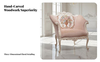 French regal design Carved Frame Tufted Sofa rosy Fabric Living Room Furniture Elegant Design Upholstered Couch Soft Upholstery for Interior Designers, Luxury Shoppers, Apartment Dwellers, Villa, Lounge Area, Hotel Lobby