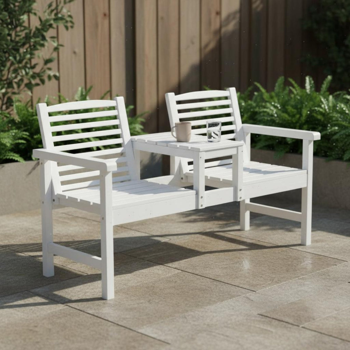 2 Pieces Slatted Bench Outdoor Seating Two-personand-jill Bench Carbonized Wood Stable Construction Convenient Central Table Suitable for Garden Lovers Balcony Courtyard Porch