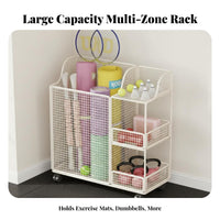 Easy to Move Exercise Mat Storage Rack Mobile Rolling Fitness Equipment Cart Space Saving Design Rolling Fitness Equipment Organizer 360° Rotating Wheels for Corner