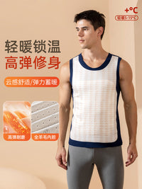 100%羊毛保暖背心男新款圆领冬季无痕发热坎肩加绒加厚德绒打底衫