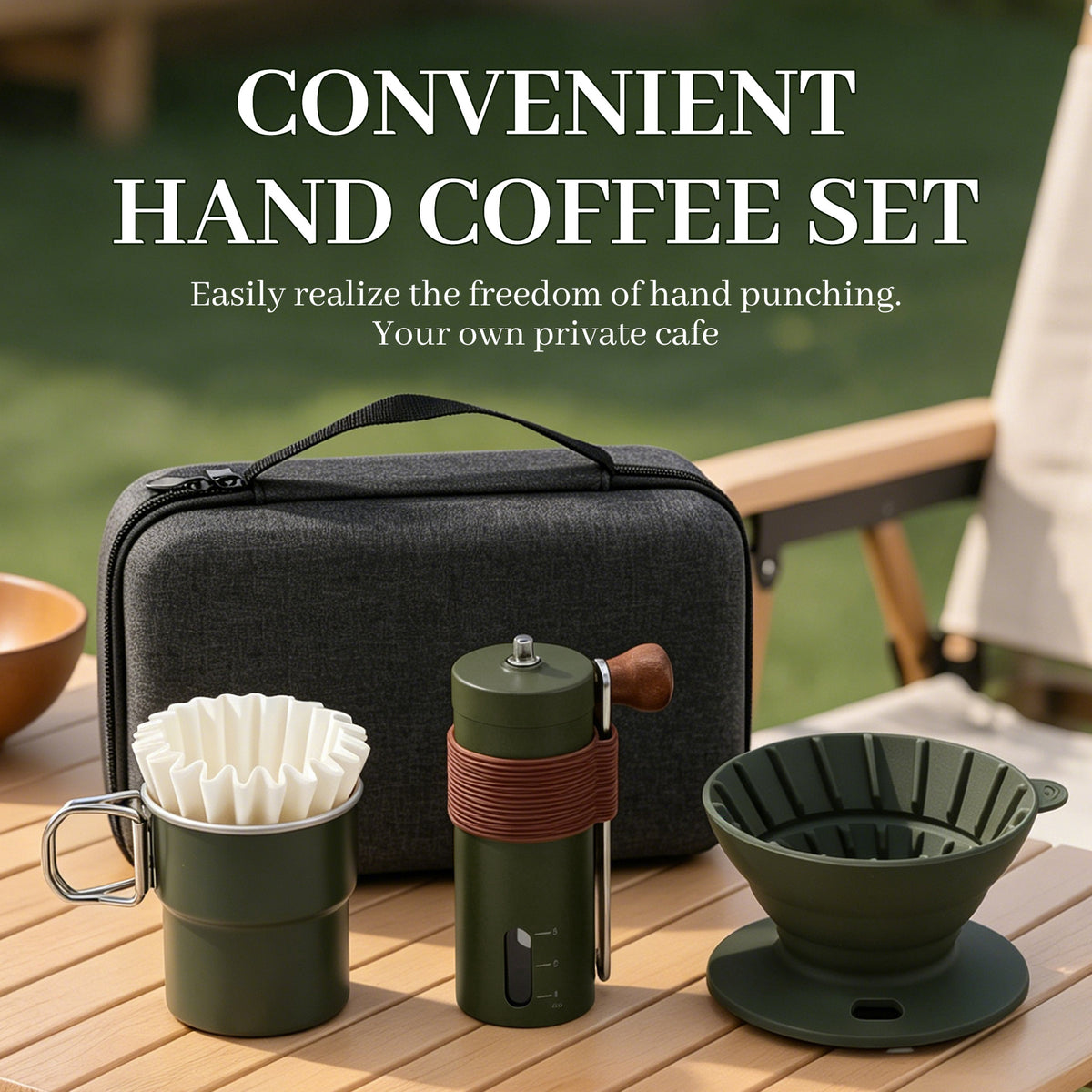 Portable Outdoor Hand Brew Coffee Set with Manual Grinder and Folding Cup