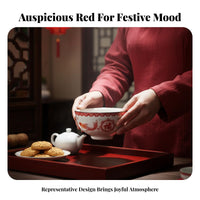 Ceramic Bowl, Red Festive Tableware, Blessing Design, Wedding, Housewarming