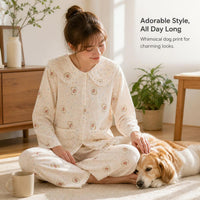 Cute Puppy Cloud Cotton Pajama Set for Women, Long Sleeve with Doll Collar and Lace Trim