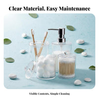 4 Pieces Transparent Design 4-Piece Dispenser and Jar Set Modern design Vanity Container Set Functional Bathroom Accessories Decorative for Makeup Users, Homeowners, Washroom, Restroom, Powder Room, Bedroom