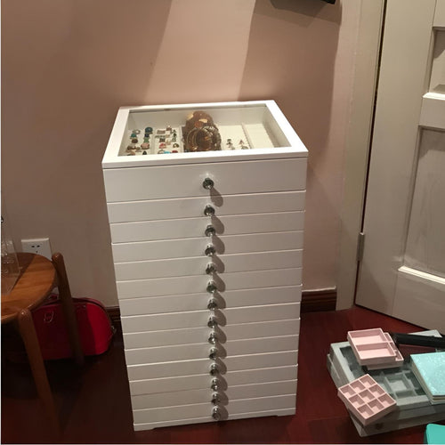 Wooden Jewelry Box, Hardwood Storage Cabinet with Fingerprint Lock, Multitier Organizer for Necklaces, Earrings, Rings
