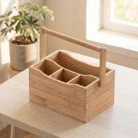 Bamboo Storage Box with Dividers Wooden Utensil Holder with Handle Countertop Cutlery Organizer for Tabletop