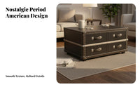Multi-Functional Retro Trunk Coffee Table Studded Detailing Vintage Trunk Table Nailhead Trim 4-Drawer Storage Chest Metal Hardware for Interior Decorators, Homeowners, Hotel Managers, Clubhouse, Bedroom, Home Office, Entryway