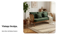 Dark emerald Fabric 3-Seater Rattan Panel Settee French Vintage Look Rattan Armrest Seating Group sturdy Wood Frame Sofa mid-centuryera design for Apartment Dwellers, Homeowners, Lounge Area, perusing corner, Office, Bedroom
