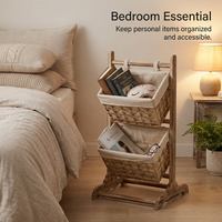 Wooden Ladder Shelf with Woven Baskets, Freestanding Organizer Bin for Book Storage, Toy Storage, Ho - Image 10