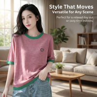 Going Out Tops for Women with Embroidered Detail, Casual Oversized T Shirts in Slub, Round Neck Tees with Colour Block Design