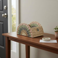 Rainbow Woven Basket Bohemian Design Fan Shaped Storage Holder Decorative Paper Rope Organizer Basket for Entryway, Nursery