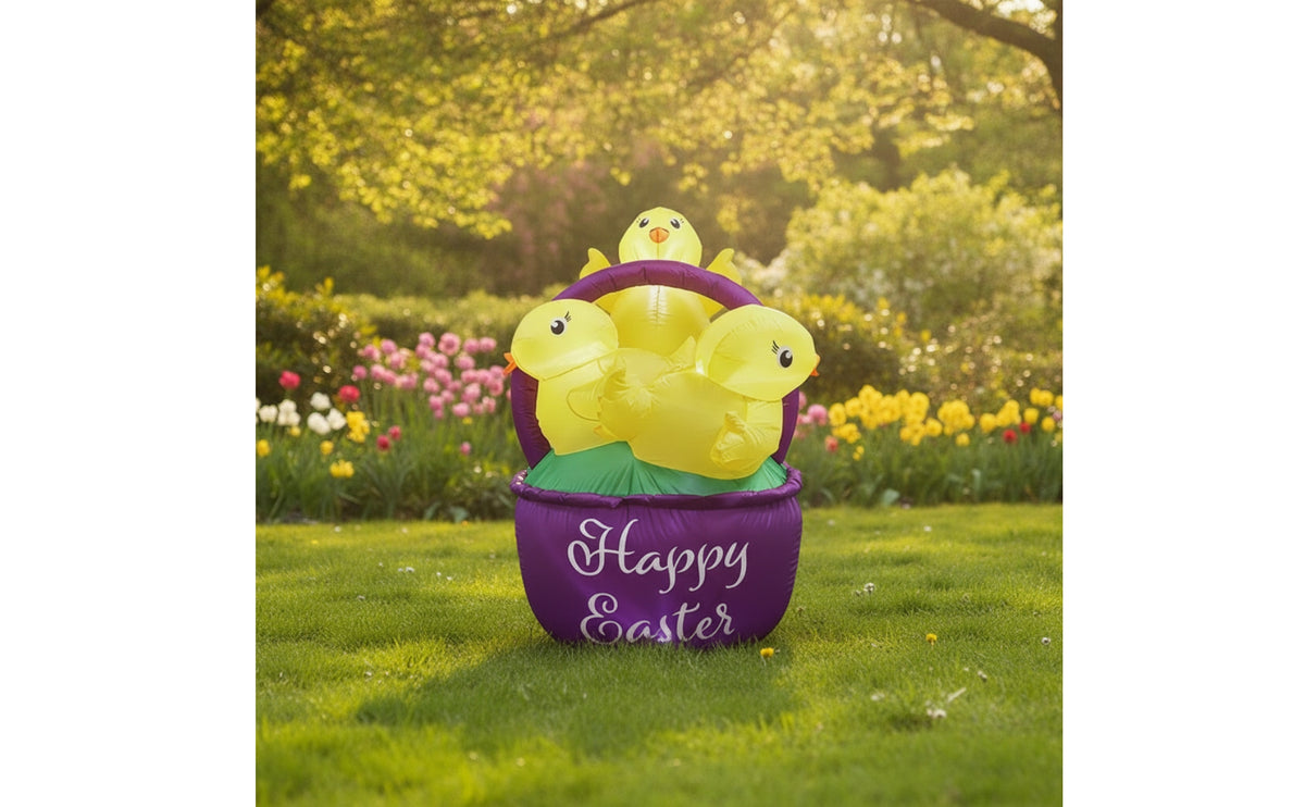 Inflatable Basket with Chicks Built-in LED Lights Easter Inflatable Outdoor Decoration for Yard, Garden, Lawn