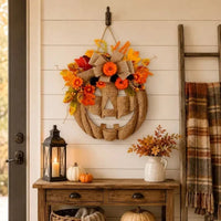Halloween Pumpkin Door Wreath with Maple Leaves Wall Hanging