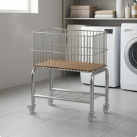 Wire Laundry Basket Trolley Wooden Handle Wheeled Laundry Rack Two-Tier
