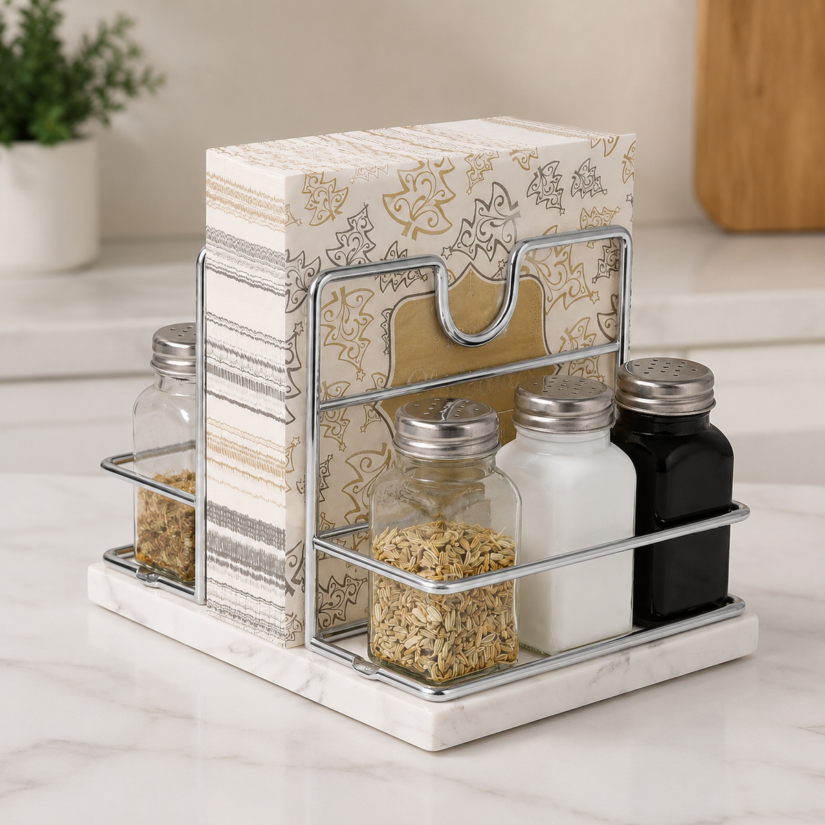 Napkin Holder for Kitchen Table, Modern Serviette Holder, Countertop Condiment Holder with Spice Rack, Weighted Non-Slip Table Caddy