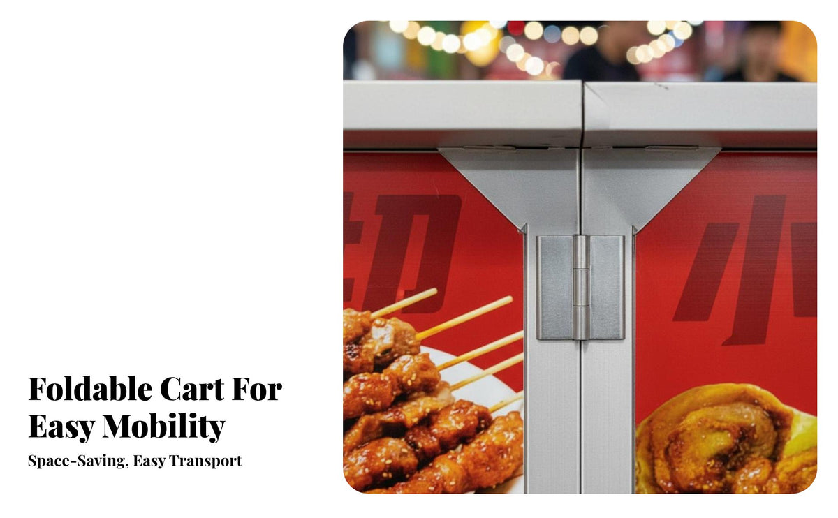 Multi-Functional Foldable Snack Cart Heavy Duty Foldable Vendor Cart Quick Assembly Mobile Food Stall Easy to Clean for Caterers, Entrepreneurs, Small Business Owners, Night Markets, Outdoor Events, Trade Exhibit S, Exhibitions