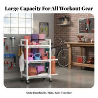Home Gym Storage Rack Portable with Lockable Wheels Rolling Sports Accessories Rack Includes Hooks and Container Home Gym Storage Cart for Families