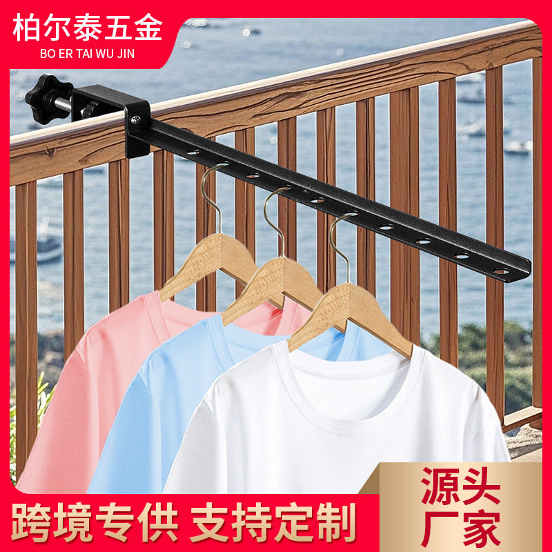 Balcony Clothes Drying Rack, Black Metal, No-Drill Installation, Foldable