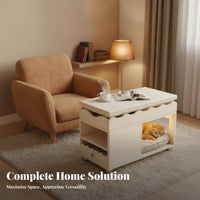 Rolling elevatingTop End Table with Pet Condo Space-Saving Indoor Feline House Rounded Corners for Small Areas, Living Room