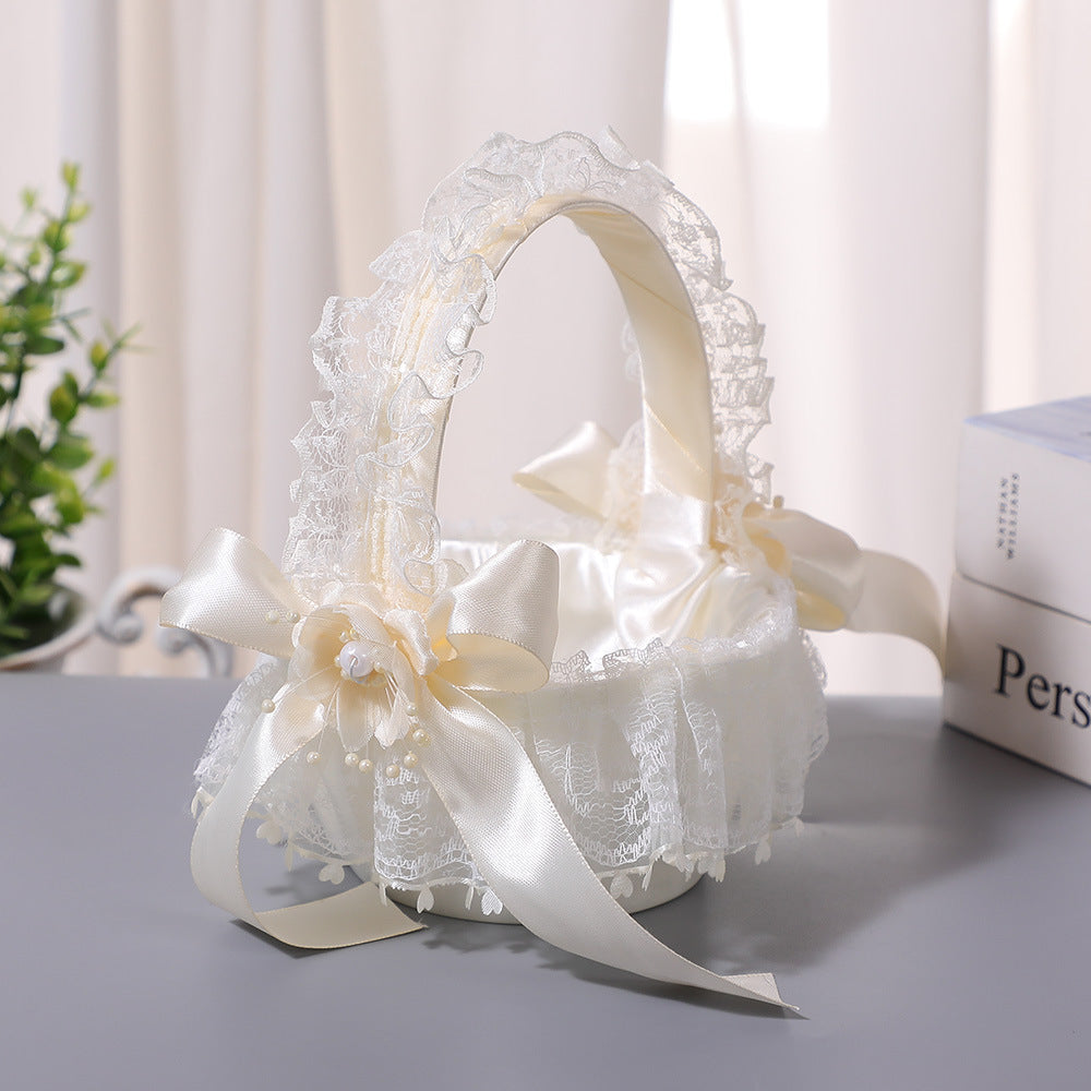 New Style Small Fresh Net Gauze Lace Flower Basket Wedding Flower Girl Hand Basket Princess Baby Dress Up Mini Basket
