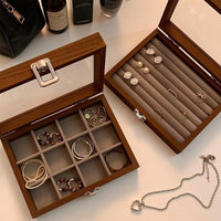 Black Walnut Wood Grain Portable Jewelry Box for Rings, Necklaces, Earrings, and Ear Pins