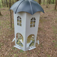 Hanging Bird Feeder, Ornamental Metal Structure, Decorative Garden Decor, Medium Size Outdoor Feeder with 4 Ports, Pearl and Navy Colors