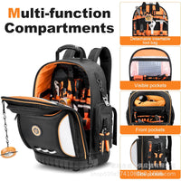 Rolling Tool Backpack with 75 Pockets and Molded Base for Electricians and Construction Work