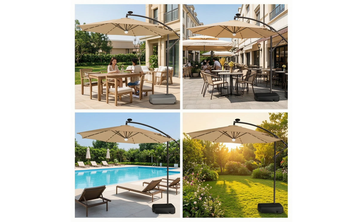 Cantilever Patio Umbrella with Solar Lights Water-Filled Offset Patio Umbrella with Base Hand-Crank for Homeowners, Hosts, Backyard, Poolside, Garden