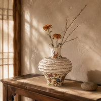 Hand-Painted Floral Vase Wavy Ridges Home Decor Rustic Design