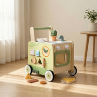 Multifunctional Baby Push Toy with Kitchen Toy Educational Toy Kitchen with Wheels Sensory Wooden Activity Push Toy Sturdy for Toddlers, Nursery, Daycare